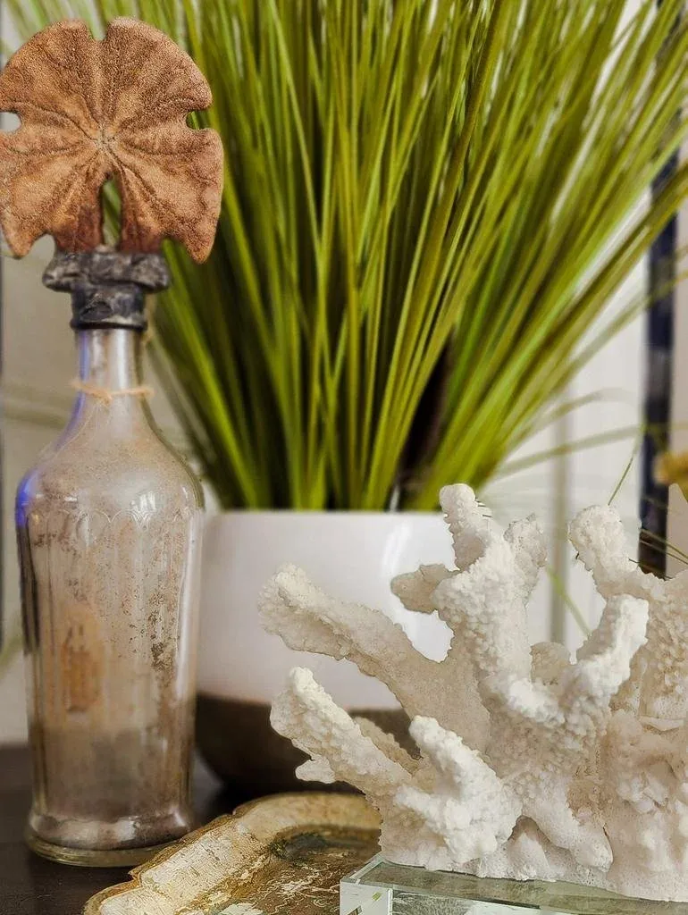 Coastal styling vignette with mercury glass, a grass arrangement and white coral.